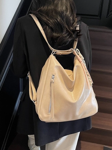 Zaino da Donna in Pelle PU di Moda Grande Capacità Minimalista Borsa a Tracolla Tinta Unita Casual Pendolare Charm Decorativo