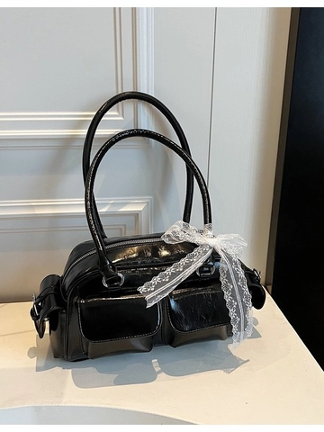 Damen Glänzende PU Leder Boston Tasche Mehrfachtasche Achsel Umhängetasche Mit Spitzenbogen Vintage Süßer Cooler Stil Tasche