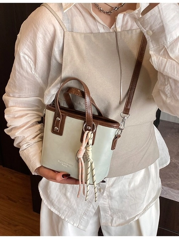 Vintage PU Leather Contrast Color Bucket Bag For Women Fashion Tote Handbag With Tennis Racket Charm Small Crossbody Bag