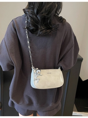 Women Fashion PU Leather Shoulder Bag With Silver Metal Chain Balloon Dog Pendant Casual Solid Color Crossbody Underarm Bag For Women