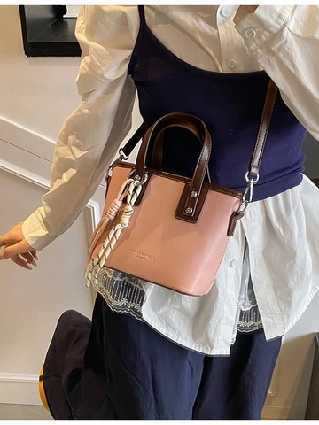 Vintage PU Leather Contrast Color Bucket Bag For Women Fashion Tote Handbag With Tennis Racket Charm Small Crossbody Bag