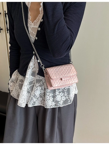 Mini Borsa a Tracolla da Donna con Texture Intrecciata in Pelle PU Piccola Borsa Quadrata con Catena in Metallo Argentato