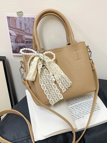 Women Fashion Litchi Pattern PU Leather Bucket Bag Small Handheld Crossbody Bag With Lace Bow Pearl Pendant Elegant Tote