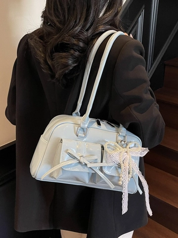 Women Glossy PU Leather Bowling Shoulder Bag With Bow Pearl Lace Charm Sweet Balletcore Underarm Bag Handbag