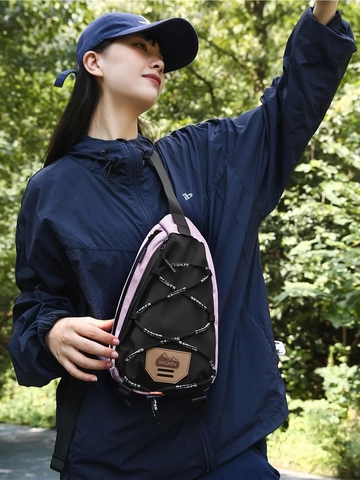 Women Outdoor Sporty Nylon Chest Bag Colorblock Water Repellent Crossbody Bag With Bungee Cord For Cycling Hiking Daily