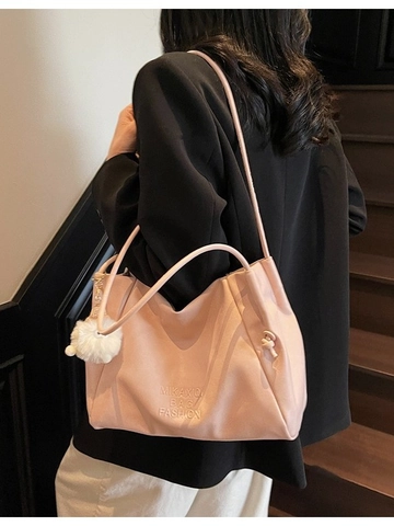 Women Large Capacity PU Leather Tote Bag Ruched Pleated Design Shoulder Bag with Plush Pendant Simple Fashion Urban Handbag