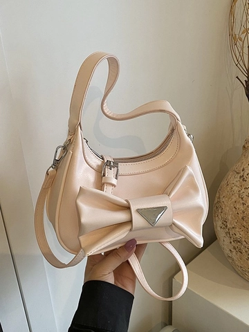 Borsa a Spalla in Pelle PU con Fiocco Argento Metallizzato Mezzaluna Borsa a Tracolla con Decoro in Metallo a Triangolo per Donna