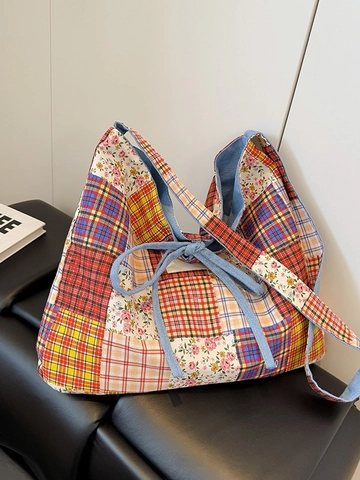 Γυναικεία Ethnic Patchwork Τσάντα Tote Μεγάλης Χωρητικότητας Καμβά Τσάντα Χιαστί Βίντατζ Καρό Floral Τσάντα Ώμου Με Διακόσμηση Φιόγκου Casual Τσάντα
