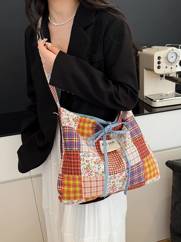 Γυναικεία Ethnic Patchwork Τσάντα Tote Μεγάλης Χωρητικότητας Καμβά Τσάντα Χιαστί Βίντατζ Καρό Floral Τσάντα Ώμου Με Διακόσμηση Φιόγκου Casual Τσάντα