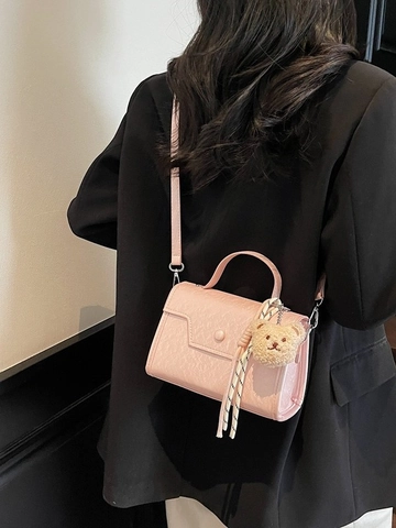 Borsa a Tracolla da Donna in Pelle PU Retro Piccola Borsa a Mano Quadrata Di Moda Con Tracolla Regolabile E Ciondolo a Orsetto Borsa a Spalla Versatile