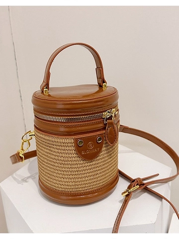 Vintage Damen Zylindertasche Spleißen Gewebte PU-Leder Handtasche Lässige Eimer Schultertasche Mit Verstellbarem Gurt
