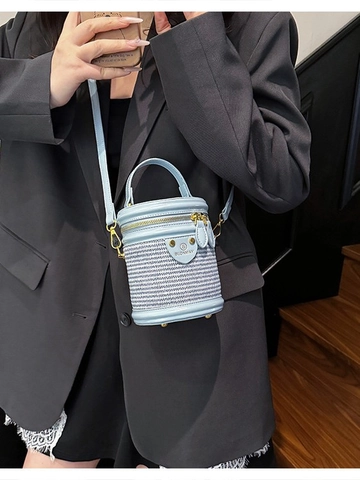 Vintage Damen Zylindertasche Spleißen Gewebte PU-Leder Handtasche Lässige Eimer Schultertasche Mit Verstellbarem Gurt