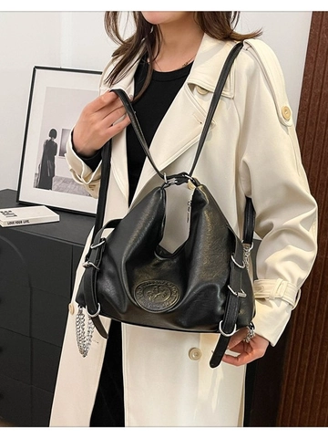 Vintage PU Leather Hobo Bag For Women Large Capacity Shoulder Bag Backpack With Equestrian Logo Chain Decor Commuter Tote Bag