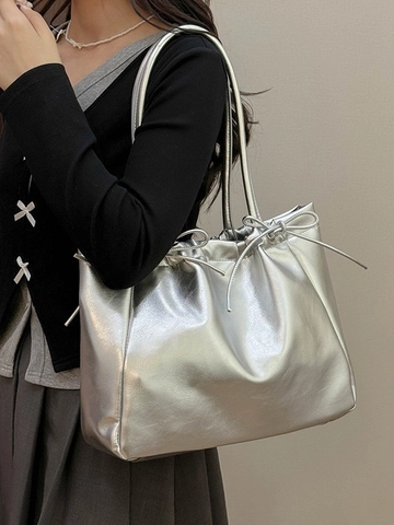 Grote Capaciteit PU Leren Tote Bag Voor Dames Met Strik Plooien Schoudertas Glanzend Minimalistisch Mode Handtas Dagelijks