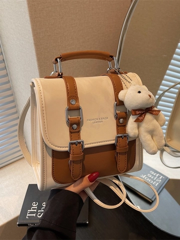 Mochila Mini Vintage de Cuero PU para Mujer Estilo Universitario Bolso Escolar Pequeño Con Colgante de Oso de Peluche Doble Hebilla Bolso de Hombro