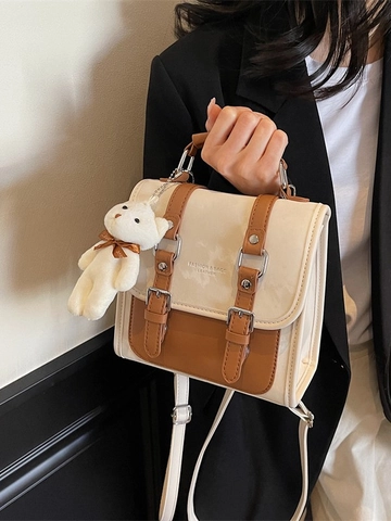 Mochila Mini Vintage de Cuero PU para Mujer Estilo Universitario Bolso Escolar Pequeño Con Colgante de Oso de Peluche Doble Hebilla Bolso de Hombro
