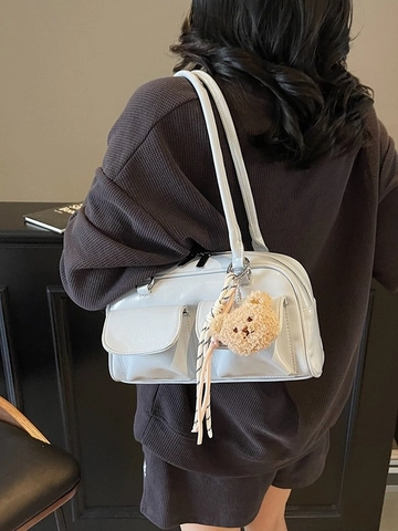Glossy PU Leather Underarm Shoulder Bag Women Large Capacity Commute Pillow Bag Bear Charm Solid Color Fashion Retro Handbag
