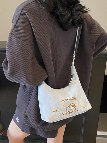 Borsa Hobo da Donna in Pelle PU Plissettata Moda Casual Tracolla Crossbody Con Ricamo Gatto e Tracolla Regolabile