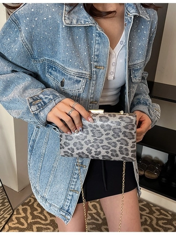 Borsa da Sera Vintage con Stampa Leopardata Donna Pochette Glitter Box con Tracolla a Catena Dorata Borsa per Matrimonio Festa