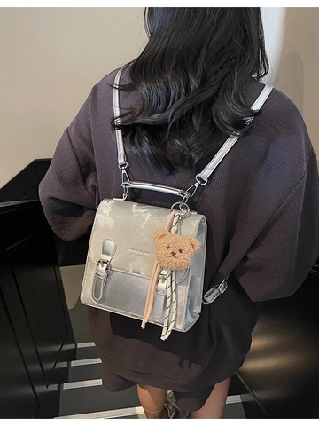 Vintage PU Leather Mini Backpack For Women Retro Contrast Color Small Handbag With Bear Pendant Fashion Multi Use Bag