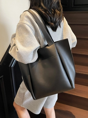 Bolso Tote de Cuero PU para Mujer Gran Capacidad Bolso de Hombro Minimalista Con Bolsillo Frontal Moda Color Sólido
