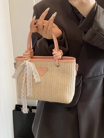 Damen Französisch Vintage Stroh Gewebte Eimertasche Sommer Strand Urlaub Handtasche Mit Spitzenschleife Und Kette Umhängegurt