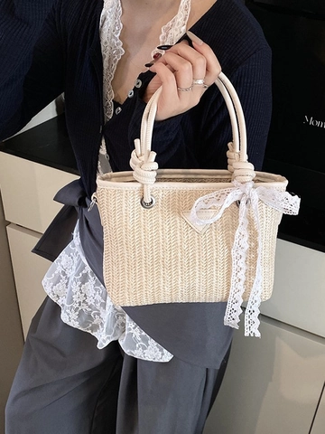 Damen Französisch Vintage Stroh Gewebte Eimertasche Sommer Strand Urlaub Handtasche Mit Spitzenschleife Und Kette Umhängegurt