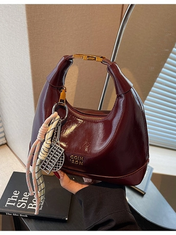 Bolso Bandolera Hobo de Cuero PU Brillante Vintage para Mujer Bolso de Mano de Lujo Media Luna Con Colgante Correa Ajustable