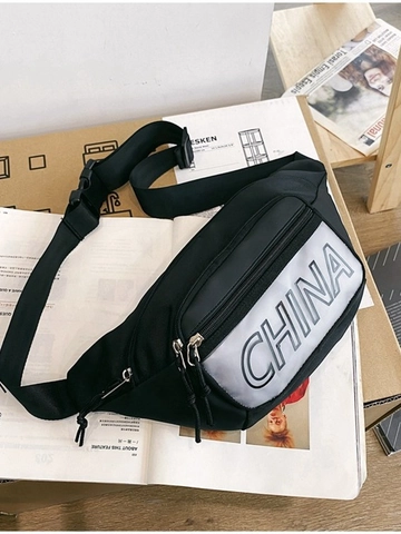 Unisex Trendy Contrast Color Nylon Chest Bag China Letter Print Adjustable Strap Crossbody Waist Bag For Outdoor Sports