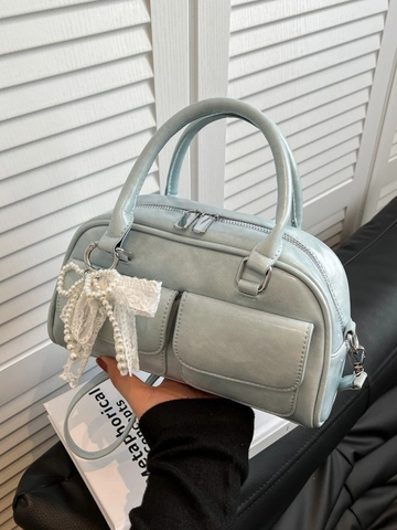 Women Vintage PU Leather Bowling Bag With Lace Pearl Bow Charm Fashion Crossbody Handbag For Daily Party Female Accessories