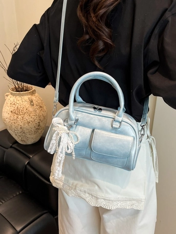 Women Vintage PU Leather Bowling Bag With Lace Pearl Bow Charm Fashion Crossbody Handbag For Daily Party Female Accessories