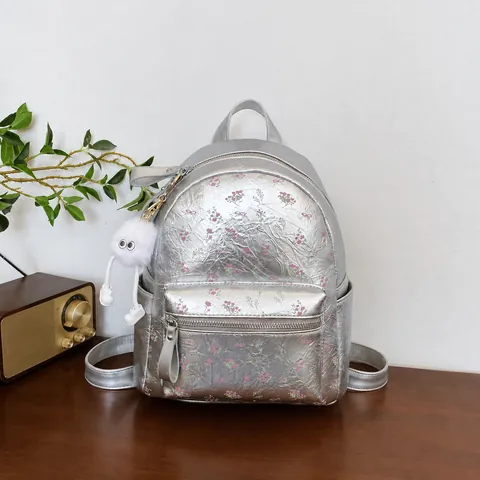 Fashion Floral PU Leather Backpack For Women College Student School Bag With Fuzzy Pendant Large Small Travel Daypack