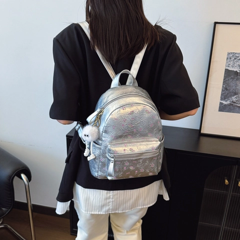 Fashion Floral PU Leather Backpack For Women College Student School Bag With Fuzzy Pendant Large Small Travel Daypack