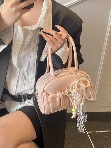 Bolso de Mano con Lazo Plisado para Mujer Bolso de Hombro de Cuero PU con Colgante de Perla Artificial de Encaje Bolso Bandolera Almohada Dulce