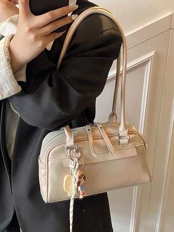 Borsa a Tracolla da Donna in Pelle Sintetica Sotto l'ascella Boston Pillow Shape Borsa a Mano Doppia Cerniera Con Ciondolo a Cartone Animato Stile Pendolare