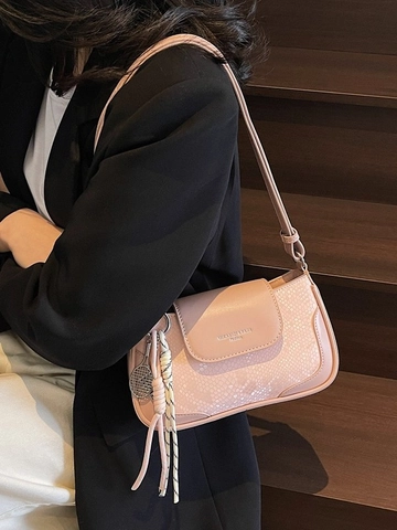 Women PU Leather Small Square Crossbody Bag Snake Pattern Stitching Magnetic Buckle Shoulder Underarm Bag Braided Charm Fashion