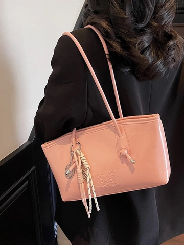 Sac Fourre-tout Tendance en Simili Cuir pour Femmes Relief de Lettres Grande Capacité Sac à Épaule Avec Pendentif Chic