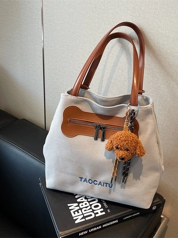 Borsa Tote in Tela da Donna Grande Capacità Borsa a Tracolla Multifunzionale Versatile Con Pendente a Cane di Peluche Casual Leggera