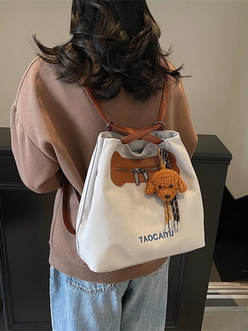 Borsa Tote in Tela da Donna Grande Capacità Borsa a Tracolla Multifunzionale Versatile Con Pendente a Cane di Peluche Casual Leggera