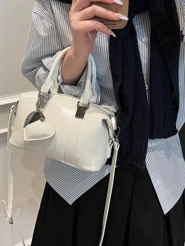 Glossy PU Leather Women Boston Handbag With Heart Pendant Silver Hardware Versatile Fashion Small Square Crossbody Bag
