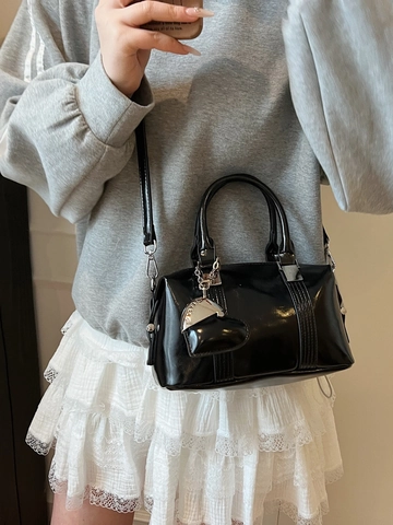 Glossy PU Leather Women Boston Handbag With Heart Pendant Silver Hardware Versatile Fashion Small Square Crossbody Bag