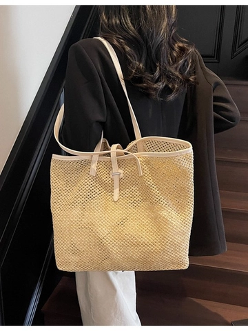 Large Capacity Straw Woven Tote Bag And Pouch For Women Summer Vacation Beach Shoulder Bag Minimalist Casual Handbag