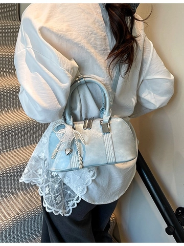 Borsa a Tracolla Boston da Donna in Pelle PU Piccola Borsa a Mano Ciondolo con Fiocco in Pizzo Perla Artificialto Elegante Moda Quotidiana Borsa a Spalla