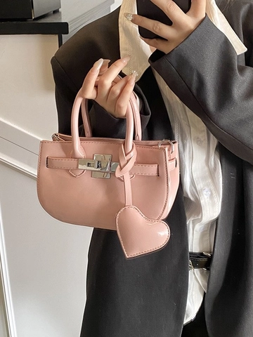 Borsa a Mano Mini da Donna in PU alla Moda Con Ciondolo a Cuore Chiusura in Metallo Doppia Impugnatura Tracolla per Pendolari