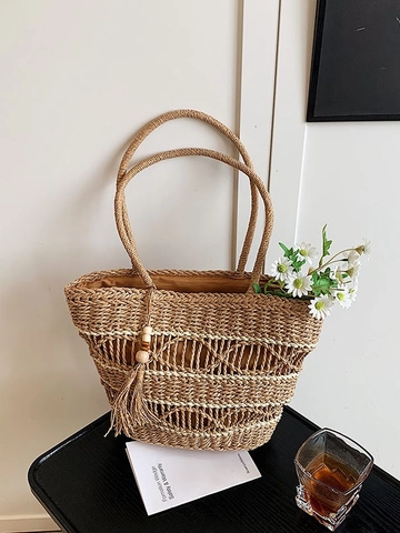 Borsa Tote in Paglia a Grande Capacità per Donna Estate Spiaggia Fatta a Mano Vacanza Borsa a Spalla Traforata Con Nappine e Perle di Legno
