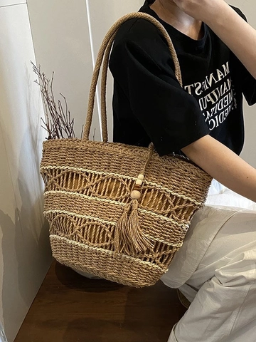 Borsa Tote in Paglia a Grande Capacità per Donna Estate Spiaggia Fatta a Mano Vacanza Borsa a Spalla Traforata Con Nappine e Perle di Legno