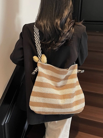 Damen Große Gestreifte Strick Tote Bag Lässige Gewebte Schultertasche Mit Geknotetem Riemen Mode Einkaufstasche Reise Handtasche