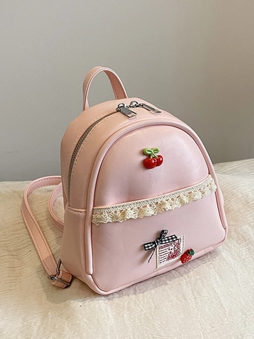 Cute Mini Backpack For Women Girls PU Leather Sweet Lace Cherry Bow Decor Small Preppy Style Daypack School Travel Bag