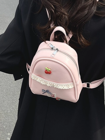 Cute Mini Backpack For Women Girls PU Leather Sweet Lace Cherry Bow Decor Small Preppy Style Daypack School Travel Bag