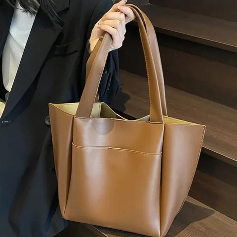 Damen Große Kapazität PU Leder Tragetasche Minimalistisch Urban Pendeln Schultertasche Mit Außentasche Elegante Büro Handtasche